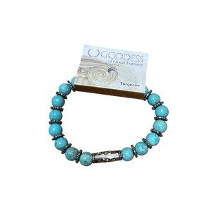 Goddess Of Good Fortune Turquoise Beaded Bracelet With Silver Accents Stretch Fi